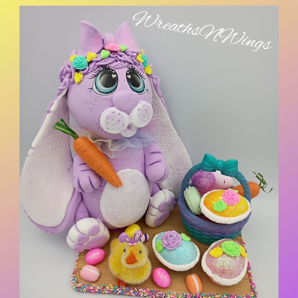 Purple Easter Bunny Decor, Whimsical Spring Bunny with Basket & Sweets, Pastel